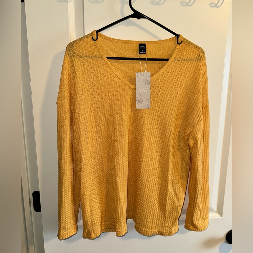Women’s V Neck Drop Shoulder Waffle Top - Yellow - Size Small